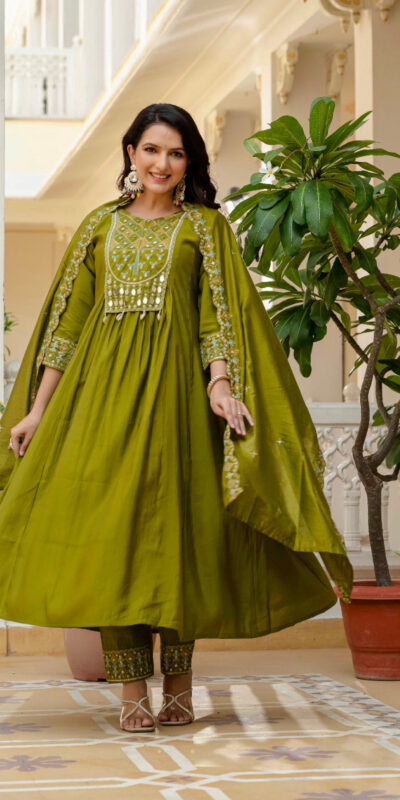 ₹2049 | DIVA 126 Mehendi Viscose Roman Silk Anarkali Suit with Mirror Work & Embroidery Work. Affordable Price ₹2049. Delivery 4-6 Working Days. Shop now. | Anarkali Suits, Bollywood Anarkali, Creative-Anarkali, Designer Anarkali, Embroidered Anarkali, Party Wear Anarkali