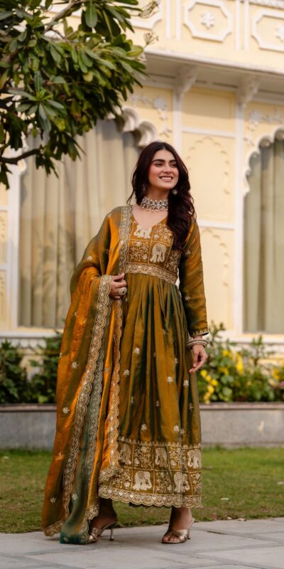 RR 38 Mustered Fendy Satin Gown Perfect for Wedding, Party, Pongal, Makar Sankranti, Ganesh Chaturthi – . Available at ₹2649 only. Delivery 4-6 Wor | Gowns, Bollywood Gowns, Creative Gowns, Designer Gowns, Embroidered Gowns, Party Wear Gowns