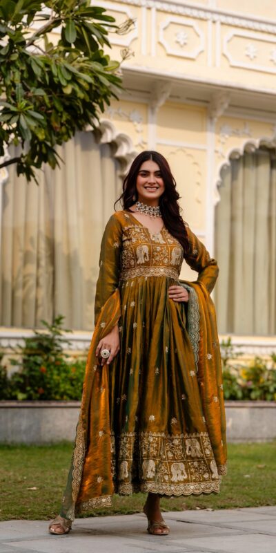RR 38 Mustered Fendy Satin Gown Perfect for Wedding, Party, Pongal, Makar Sankranti, Ganesh Chaturthi – . Available at ₹2649 only. Delivery 4-6 Wor | Gowns, Bollywood Gowns, Creative Gowns, Designer Gowns, Embroidered Gowns, Party Wear Gowns