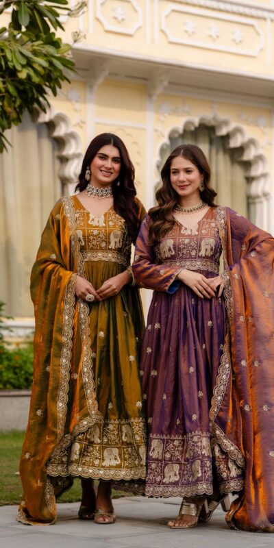 RR 38 Mustered Fendy Satin Gown Perfect for Wedding, Party, Pongal, Makar Sankranti, Ganesh Chaturthi – . Available at ₹2649 only. Delivery 4-6 Wor | Gowns, Bollywood Gowns, Creative Gowns, Designer Gowns, Embroidered Gowns, Party Wear Gowns