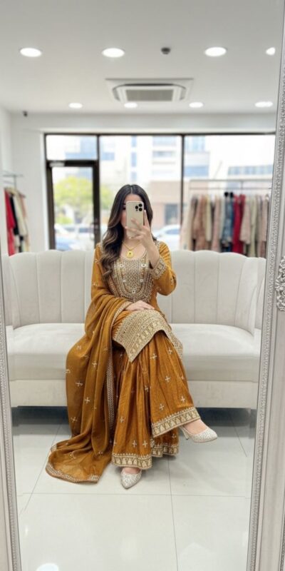 ₹2399 | WW 1249 Mustered Fendy Silk Salwar Suit with Mirror Work & Embroidery Work. Best Price ₹2399. Delivery 4-6 Working Days. Shop now. | Jump Suits, Salwar suit, Casual Suits, Creative suits, Designer Suits, Palazzo Suits, Party Wear Suits, Patiala Suits, Straight Suits