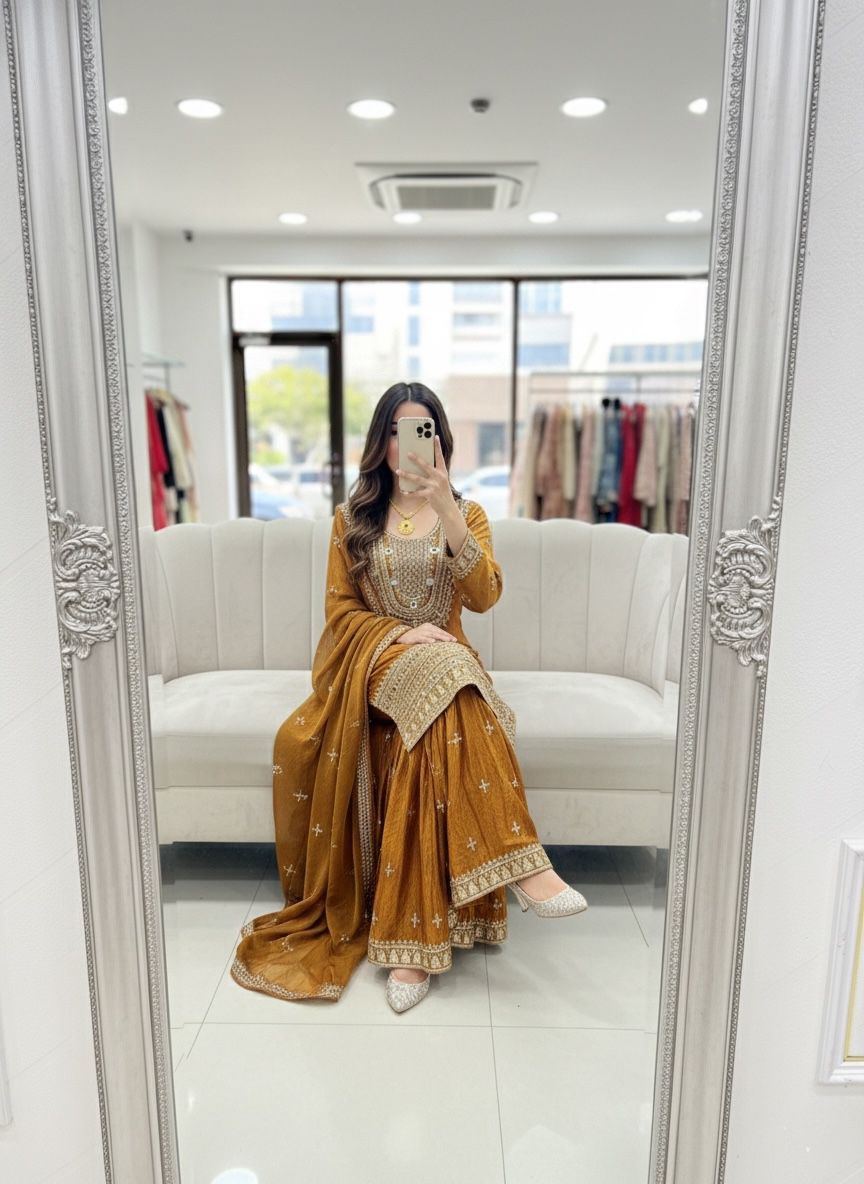 ₹2399 | WW 1249 Mustered Fendy Silk Salwar Suit with Mirror Work & Embroidery Work. Best Price ₹2399. Delivery 4-6 Working Days. Shop now. | Jump Suits, Salwar suit, Casual Suits, Creative suits, Designer Suits, Palazzo Suits, Party Wear Suits, Patiala Suits, Straight Suits