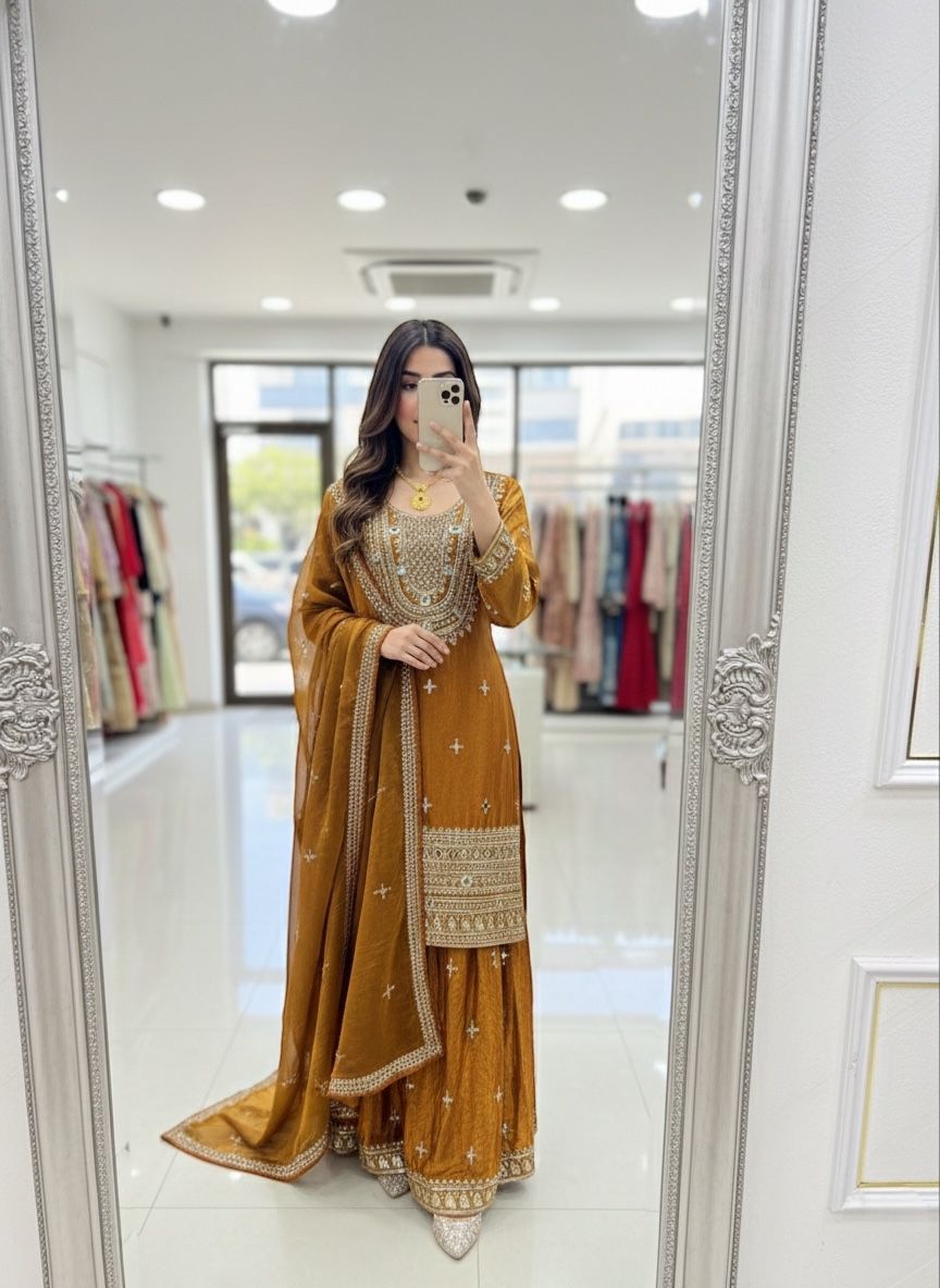 ₹2399 | WW 1249 Mustered Fendy Silk Salwar Suit with Mirror Work & Embroidery Work. Best Price ₹2399. Delivery 4-6 Working Days. Shop now. | Jump Suits, Salwar suit, Casual Suits, Creative suits, Designer Suits, Palazzo Suits, Party Wear Suits, Patiala Suits, Straight Suits