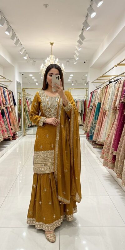₹2399 | WW 1249 Mustered Fendy Silk Salwar Suit with Mirror Work & Embroidery Work. Best Price ₹2399. Delivery 4-6 Working Days. Shop now. | Jump Suits, Salwar suit, Casual Suits, Creative suits, Designer Suits, Palazzo Suits, Party Wear Suits, Patiala Suits, Straight Suits
