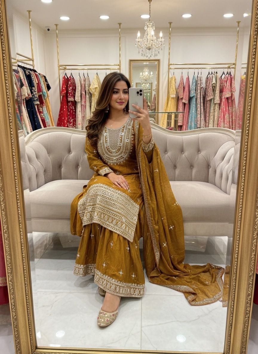 ₹2399 | WW 1249 Mustered Fendy Silk Salwar Suit with Mirror Work & Embroidery Work. Best Price ₹2399. Delivery 4-6 Working Days. Shop now. | Jump Suits, Salwar suit, Casual Suits, Creative suits, Designer Suits, Palazzo Suits, Party Wear Suits, Patiala Suits, Straight Suits