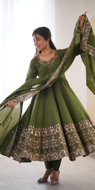 ZF 5016 Mehendi Roman Silk Gown with Embroidery Work. Wedding, Party, Festive, Events, Navratri, Exclusive Offer ₹2499. Delivery 4-6 Working Days. Shop now. | Gowns, Bollywood Gowns, Creative Gowns, Designer Gowns, Embroidered Gowns, Party Wear Gowns