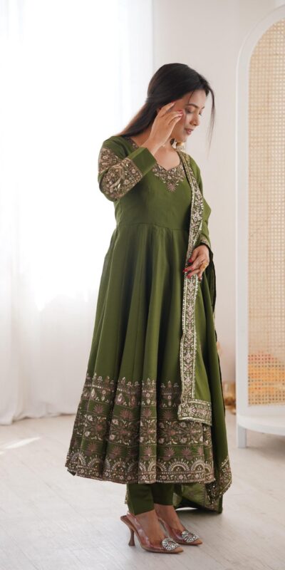 ZF 5016 Mehendi Roman Silk Gown with Embroidery Work. Wedding, Party, Festive, Events, Navratri, Exclusive Offer ₹2499. Delivery 4-6 Working Days. Shop now. | Gowns, Bollywood Gowns, Creative Gowns, Designer Gowns, Embroidered Gowns, Party Wear Gowns