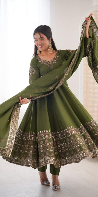 ZF 5016 Mehendi Roman Silk Gown with Embroidery Work. Wedding, Party, Festive, Events, Navratri, Exclusive Offer ₹2499. Delivery 4-6 Working Days. Shop now. | Gowns, Bollywood Gowns, Creative Gowns, Designer Gowns, Embroidered Gowns, Party Wear Gowns