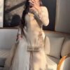 Off White Korean Satin Silk Embroidery Work Salwar Suit