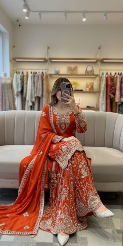WW 1250 Orange Faux Georgette With 5 mm Sequence Work Salwar Suit Wedding, Party, Festive, Events Etc. Expected Delivery 4-6 Working Days @2399/- | Jump Suits, Salwar suit, Casual Suits, Creative suits, Designer Suits, Palazzo Suits, Party Wear Suits, Patiala Suits, Straight Suits