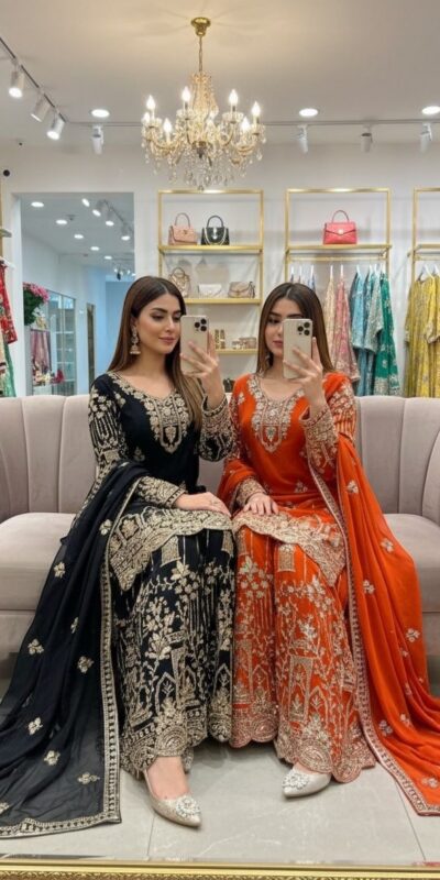WW 1250 Orange Faux Georgette With 5 mm Sequence Work Salwar Suit Wedding, Party, Festive, Events Etc. Expected Delivery 4-6 Working Days @2399/- | Jump Suits, Salwar suit, Casual Suits, Creative suits, Designer Suits, Palazzo Suits, Party Wear Suits, Patiala Suits, Straight Suits