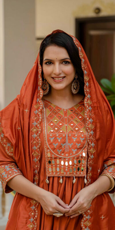₹2049 | DIVA 126 Orange Viscose Roman Silk Anarkali Suit with Mirror Work & Embroidery Work. Affordable Price ₹2049. Delivery 4-6 Working Days. Shop now. | Anarkali Suits, Bollywood Anarkali, Creative-Anarkali, Designer Anarkali, Embroidered Anarkali, Party Wear Anarkali