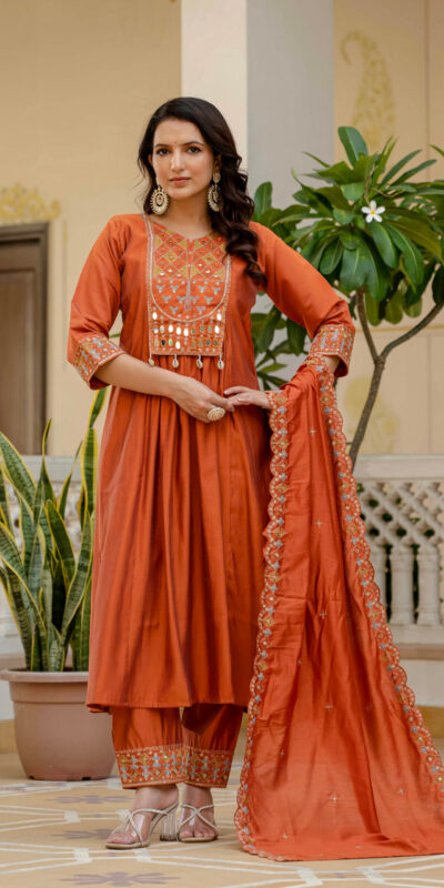 ₹2049 | DIVA 126 Orange Viscose Roman Silk Anarkali Suit with Mirror Work & Embroidery Work. Affordable Price ₹2049. Delivery 4-6 Working Days. Shop now. | Anarkali Suits, Bollywood Anarkali, Creative-Anarkali, Designer Anarkali, Embroidered Anarkali, Party Wear Anarkali