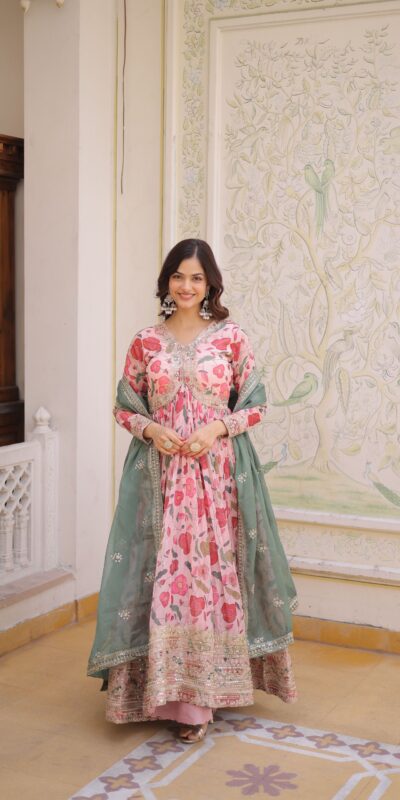 KA 1225 Peach Peach Russian Silk Gown with Embroidery Work & Zari Work. Special Price ₹2599. Delivery 4-6 Working Days. Shop now. | Gowns, Bollywood Gowns, Creative Gowns, Designer Gowns, Embroidered Gowns, Party Wear Gowns