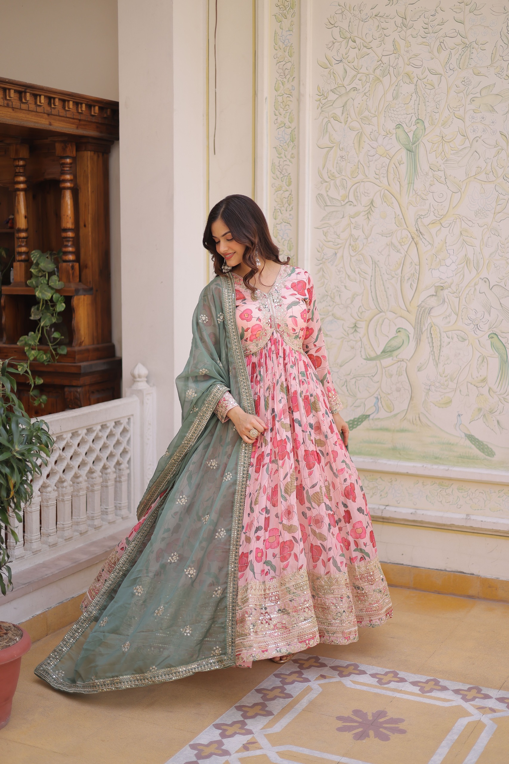 Peach Russian Silk With Embroidery and Zari Work Gown
