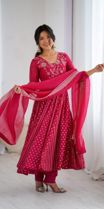 SRK 5293 Pink With Crunchy Silk With Fully Flair with Lace Work & Embroidery Work Anarkali Gown . Introductory Price ₹2149. Delivery 4-6 Worki | Gowns, Bollywood Gowns, Creative Gowns, Designer Gowns, Embroidered Gowns, Party Wear Gowns