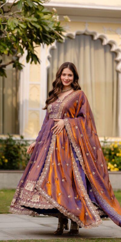 RR 38 Purple Fendy Satin Gown Perfect for Wedding, Party, Pongal, Makar Sankranti, Ganesh Chaturthi – . Available at ₹2649 only. Delivery 4-6 Wor | Gowns, Bollywood Gowns, Creative Gowns, Designer Gowns, Embroidered Gowns, Party Wear Gowns