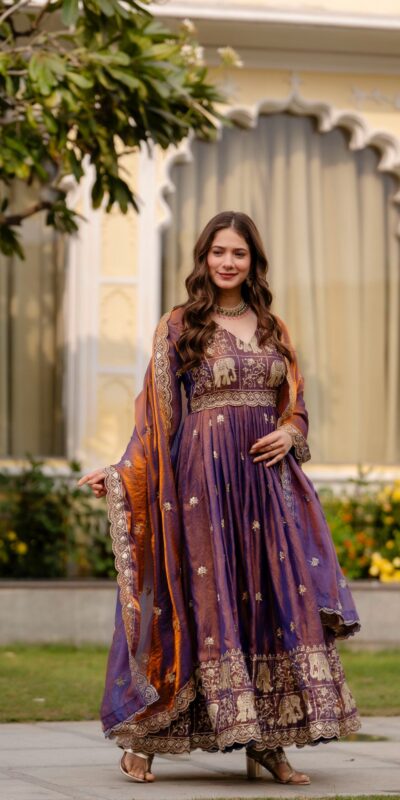 RR 38 Purple Fendy Satin Gown Perfect for Wedding, Party, Pongal, Makar Sankranti, Ganesh Chaturthi – . Available at ₹2649 only. Delivery 4-6 Wor | Gowns, Bollywood Gowns, Creative Gowns, Designer Gowns, Embroidered Gowns, Party Wear Gowns