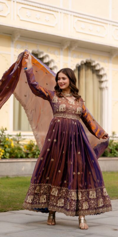 RR 38 Purple Fendy Satin Gown Perfect for Wedding, Party, Pongal, Makar Sankranti, Ganesh Chaturthi – . Available at ₹2649 only. Delivery 4-6 Wor | Gowns, Bollywood Gowns, Creative Gowns, Designer Gowns, Embroidered Gowns, Party Wear Gowns
