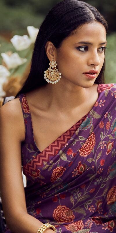 KT 174 Purple Digital Print & Lace Work Saree in Blue Softy Silk. Introductory Price ₹1474. Delivery 4-6 Working Days. Shop now. | Sarees, Bollywood Sarees, Creative Sarees, Designer Sarees, Embroidered Sarees, Ethnic Saree, Modern Digital sarees, Party Wear Sarees