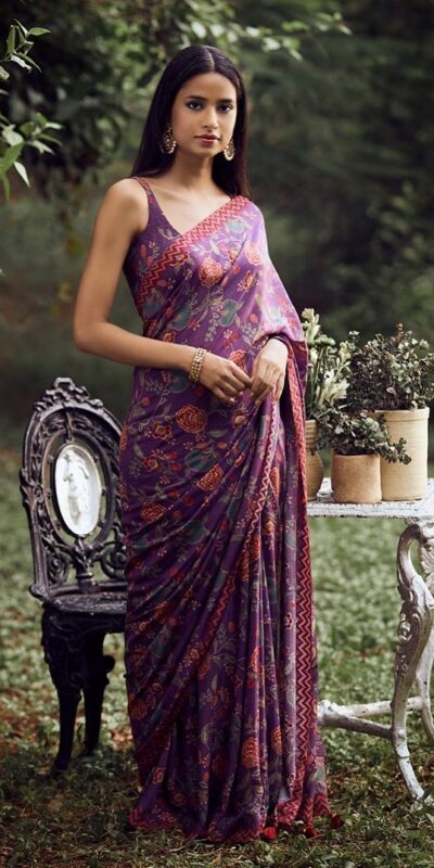 KT 174 Purple Digital Print & Lace Work Saree in Blue Softy Silk. Introductory Price ₹1474. Delivery 4-6 Working Days. Shop now. | Sarees, Bollywood Sarees, Creative Sarees, Designer Sarees, Embroidered Sarees, Ethnic Saree, Modern Digital sarees, Party Wear Sarees