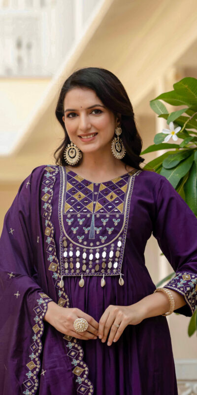 ₹2049 | DIVA 126 Purple Viscose Roman Silk Anarkali Suit with Mirror Work & Embroidery Work. Affordable Price ₹2049. Delivery 4-6 Working Days. Shop now. | Anarkali Suits, Bollywood Anarkali, Creative-Anarkali, Designer Anarkali, Embroidered Anarkali, Party Wear Anarkali