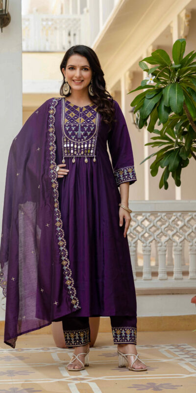 ₹2049 | DIVA 126 Purple Viscose Roman Silk Anarkali Suit with Mirror Work & Embroidery Work. Affordable Price ₹2049. Delivery 4-6 Working Days. Shop now. | Anarkali Suits, Bollywood Anarkali, Creative-Anarkali, Designer Anarkali, Embroidered Anarkali, Party Wear Anarkali