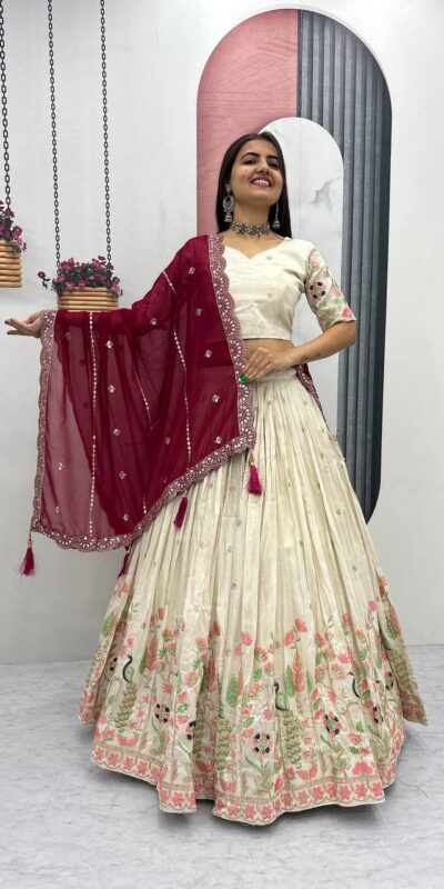 PC 546 Red Tissue Silk Lehenga Choli with Lace Work & Cut Work. Wedding, Party, Festive, Events Only 3249 Delivery 4-6 Working Days. Shop now. | Lehenga, Bollywood Lehenga, Creative Lehenga, Designer Lehenga, Embroidered Lehenga, Party Wear Lehenga