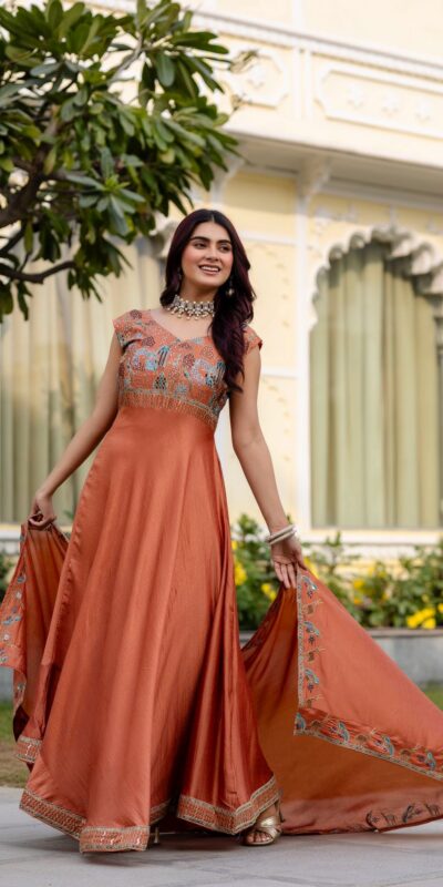 RR 39 Rust Vichitra Silk Gown Perfect for Wedding, Party, Holi, Anniversary, Mehendi –. Grab it for ₹2149. Delivery 4-6 Working Days. Shop now. | Gowns, Bollywood Gowns, Creative Gowns, Designer Gowns, Embroidered Gowns, Party Wear Gowns