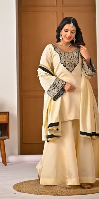 MD 3079 Cream Color Roman Silk Salwar Suit with Embroidery Work. Available at ₹2499 only. Delivery 4-6 Working Days. Shop now. | Jump Suits, Salwar suit, Casual Suits, Creative suits, Designer Suits, Palazzo Suits, Party Wear Suits, Patiala Suits, Straight Suits