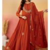 Superb Rust Fox Blooming Georgette Lace Work Gown