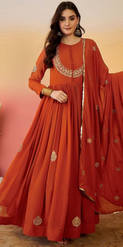 ZF 501 Rust Color Fox Blooming Georgette Gown with Lace Work. Affordable Price ₹2149. Delivery 4-6 Working Days. Shop now. | Gowns, Bollywood Gowns, Creative Gowns, Designer Gowns, Embroidered Gowns, Party Wear Gowns