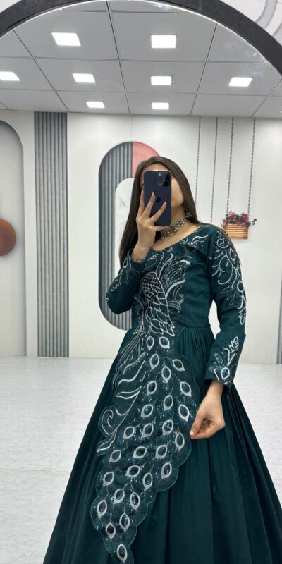 PC 564 Teal Vichitra Silk Gown Perfect for Wedding, Party, Holi, Anniversary, Mehendi –. Grab it for ₹2049. Delivery 4-6 Working Days. Shop now. | Gowns, Bollywood Gowns, Creative Gowns, Designer Gowns, Embroidered Gowns, Party Wear Gowns