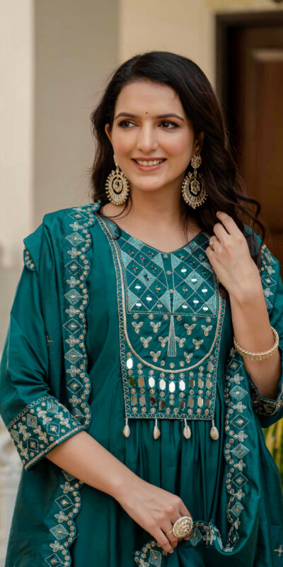 ₹2049 | DIVA 126 Teal Viscose Roman Silk Anarkali Suit with Mirror Work & Embroidery Work. Affordable Price ₹2049. Delivery 4-6 Working Days. Shop now. | Anarkali Suits, Bollywood Anarkali, Creative-Anarkali, Designer Anarkali, Embroidered Anarkali, Party Wear Anarkali