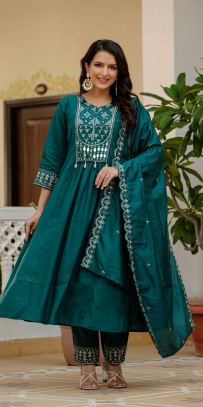 ₹2049 | DIVA 126 Teal Viscose Roman Silk Anarkali Suit with Mirror Work & Embroidery Work. Affordable Price ₹2049. Delivery 4-6 Working Days. Shop now. | Anarkali Suits, Bollywood Anarkali, Creative-Anarkali, Designer Anarkali, Embroidered Anarkali, Party Wear Anarkali