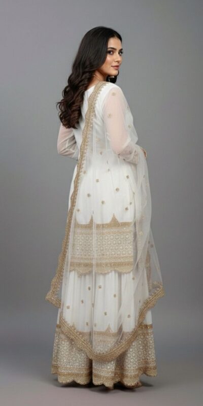 ZF 250 White Color Faux Georgette Embroidery Sequence Work Sharara Suit Wedding, Party, Festive, Events Etc. Expected Delivery 4-6 Working Days @2099/- | Jump Suits, Salwar suit, Casual Suits, Creative suits, Designer Suits, Palazzo Suits, Party Wear Suits, Patiala Suits, Straight Suits
