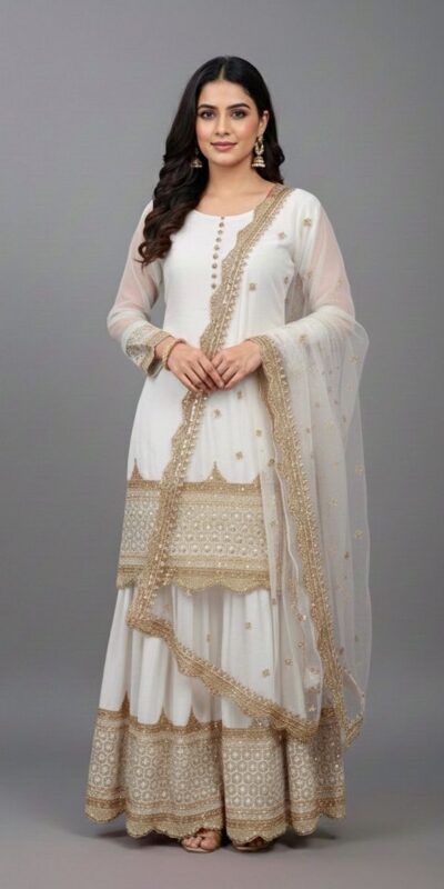 ZF 250 White Color Faux Georgette Embroidery Sequence Work Sharara Suit Wedding, Party, Festive, Events Etc. Expected Delivery 4-6 Working Days @2099/- | Jump Suits, Salwar suit, Casual Suits, Creative suits, Designer Suits, Palazzo Suits, Party Wear Suits, Patiala Suits, Straight Suits