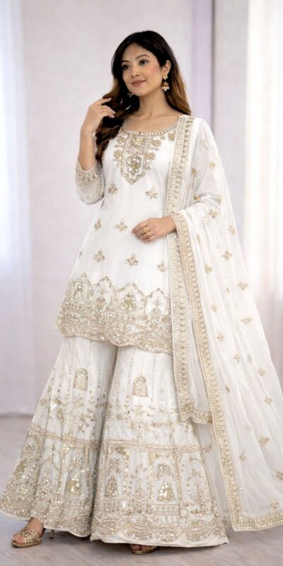 ₹2399 | WW 1250 White Faux Georgette With 5 mm Sequence Work Salwar Suit Wedding, Party, Festive, Events Etc. Expected Delivery 4-6 Working Days @2399/- | Jump Suits, Salwar suit, Casual Suits, Creative suits, Designer Suits, Palazzo Suits, Party Wear Suits, Patiala Suits, Straight Suits