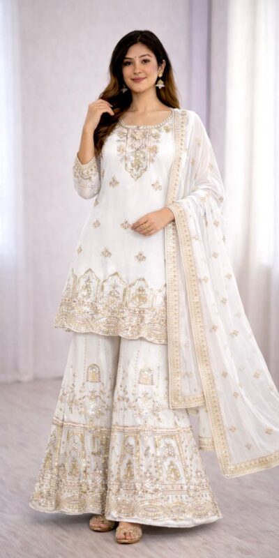 ₹2399 | WW 1250 White Faux Georgette With 5 mm Sequence Work Salwar Suit Wedding, Party, Festive, Events Etc. Expected Delivery 4-6 Working Days @2399/- | Jump Suits, Salwar suit, Casual Suits, Creative suits, Designer Suits, Palazzo Suits, Party Wear Suits, Patiala Suits, Straight Suits