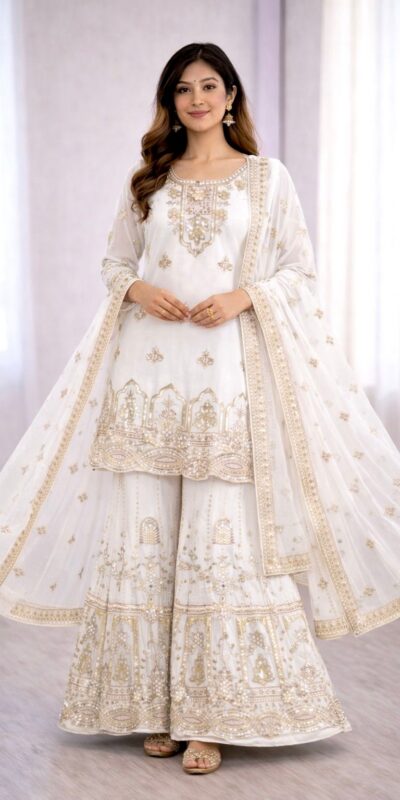₹2399 | WW 1250 White Faux Georgette With 5 mm Sequence Work Salwar Suit Wedding, Party, Festive, Events Etc. Expected Delivery 4-6 Working Days @2399/- | Jump Suits, Salwar suit, Casual Suits, Creative suits, Designer Suits, Palazzo Suits, Party Wear Suits, Patiala Suits, Straight Suits
