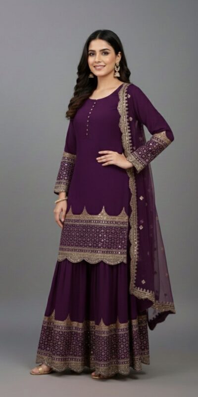 ₹2099 | ZF 250 Wine Color Faux Georgette Embroidery Sequence Work Sharara Suit Wedding, Party, Festive, Events Etc. Expected Delivery 4-6 Working Days @2099/- | Jump Suits, Salwar suit, Casual Suits, Creative suits, Designer Suits, Palazzo Suits, Party Wear Suits, Patiala Suits, Straight Suits