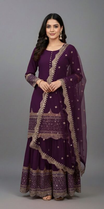 ₹2099 | ZF 250 Wine Color Faux Georgette Embroidery Sequence Work Sharara Suit Wedding, Party, Festive, Events Etc. Expected Delivery 4-6 Working Days @2099/- | Jump Suits, Salwar suit, Casual Suits, Creative suits, Designer Suits, Palazzo Suits, Party Wear Suits, Patiala Suits, Straight Suits