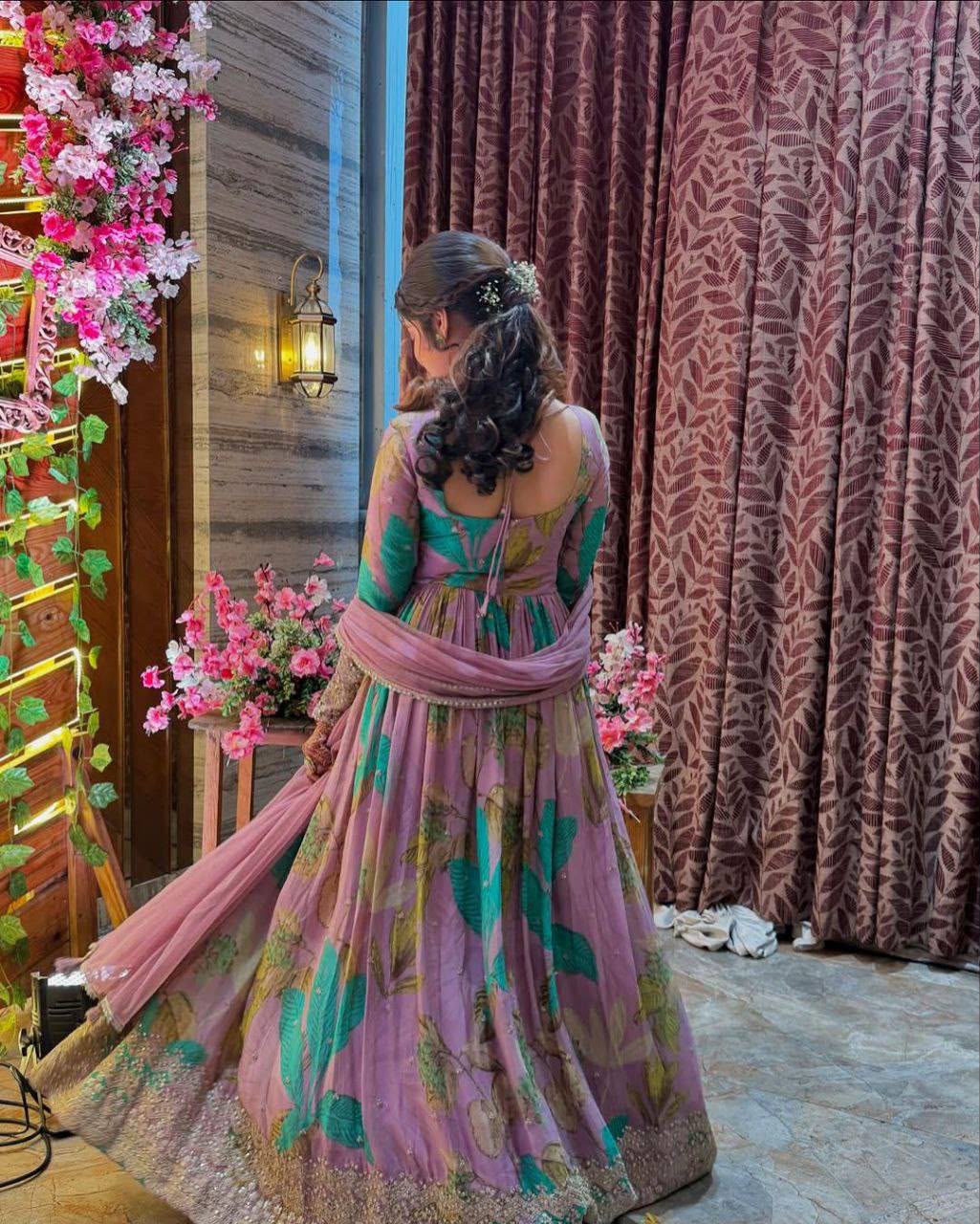 Beautiful Pink Fox Georgette Embroidery Work Gown