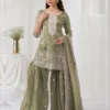 Elegant Green Gold Crush Embroidery Work Salwar Suit