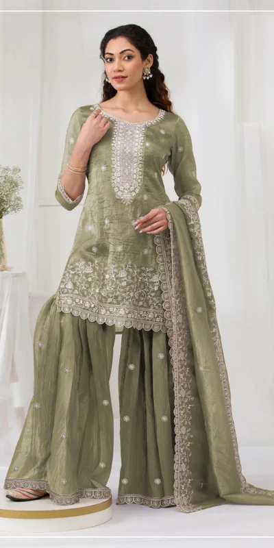 Elegant Green Gold Crush Embroidery Work Salwar Suit