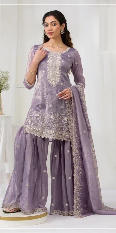Elegant Lavender Gold Crush Embroidery Work Salwar Suit