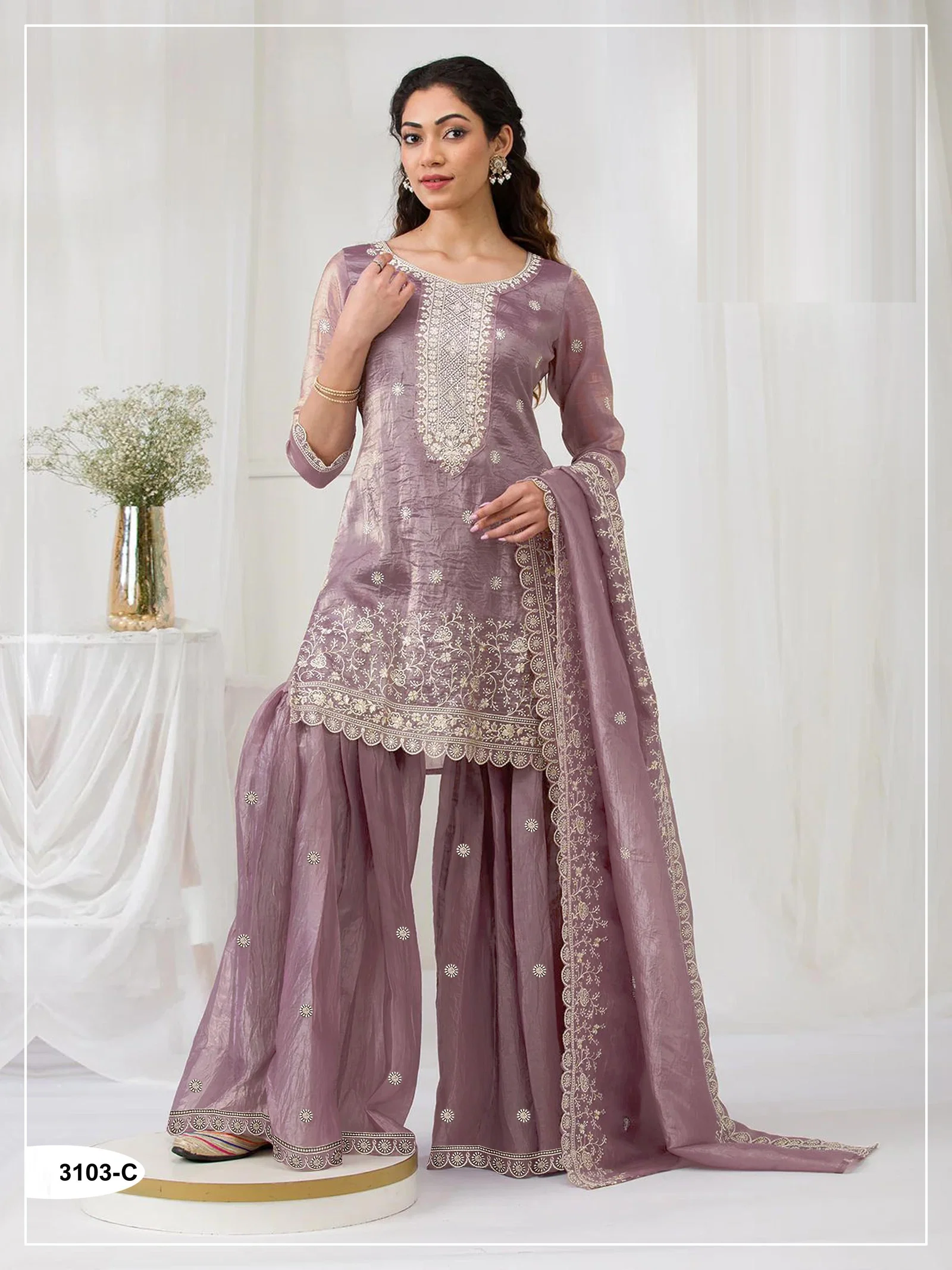 Elegant Onion Gold Crush Embroidery Work Salwar Suit