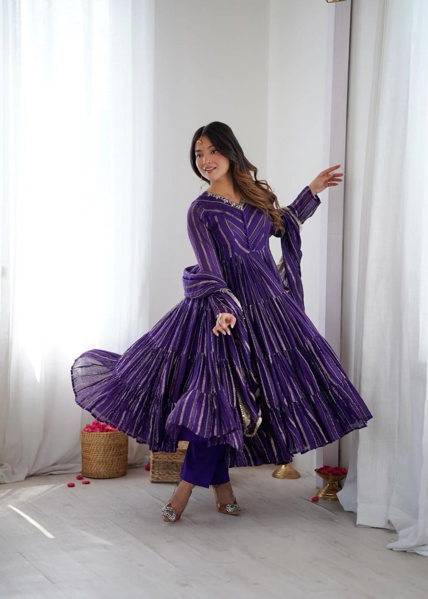 Graceful Purple Mal Chanderi Mirror Lace Work Gown