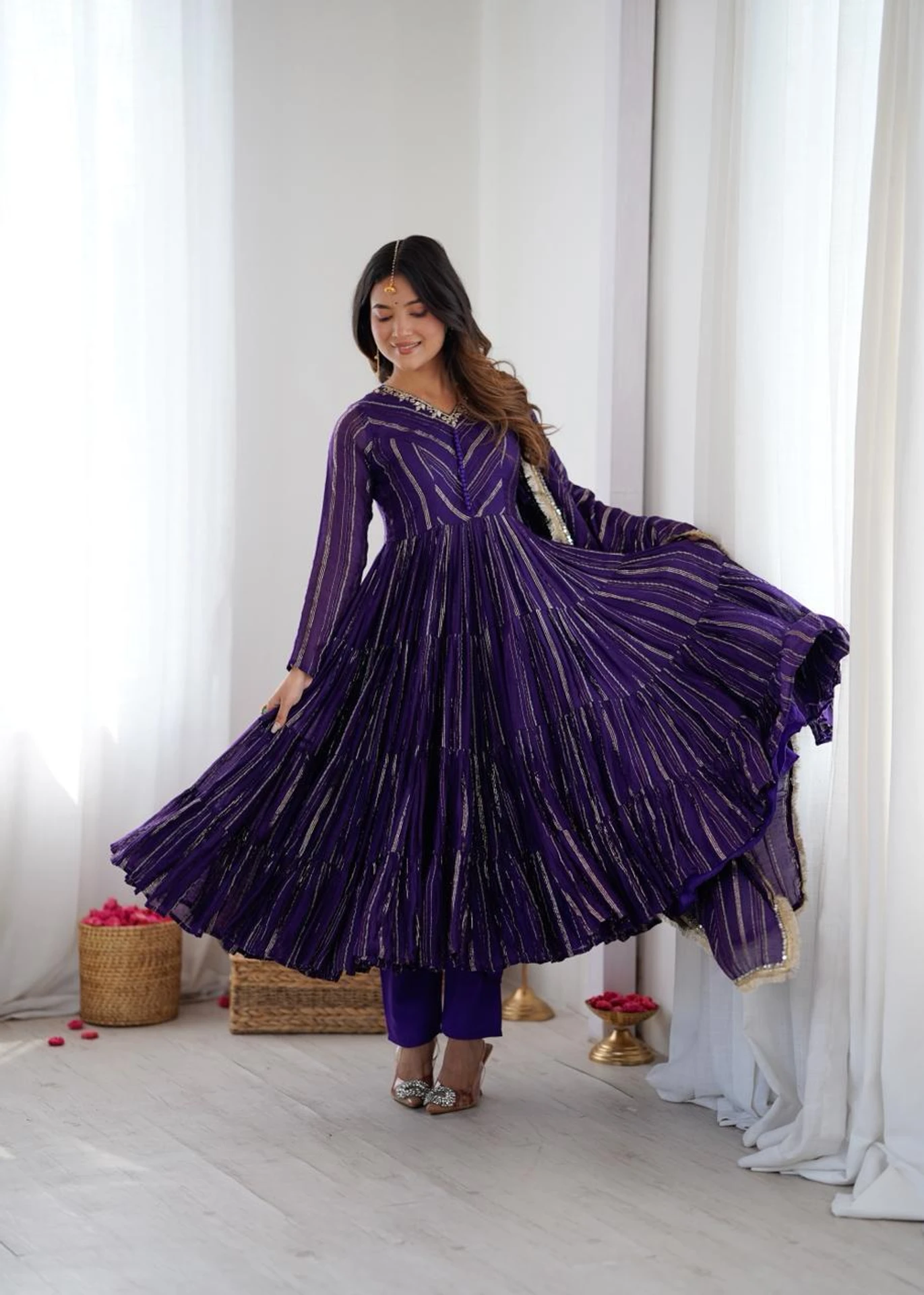 Graceful Purple Mal Chanderi Mirror Lace Work Gown