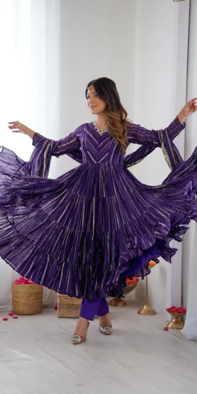 Graceful Purple Mal Chanderi Mirror Lace Work Gown